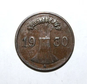 S5 - Germany 1 Reichspfennig 1930-A Extremely Fine + Bronze Coin - Wheat Sheaf - Picture 1 of 2