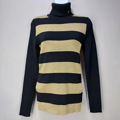 Suéter de cuello alto tejido acanalado a rayas negras doradas mediano Lauren Ralph Lauren para mujer Foto 1 de 4