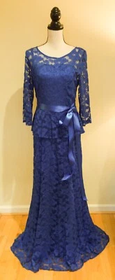 Vestido de Noche Formal Chetta B Azul Real, Encaje Ilusión Corpiño y Mangas 10 Foto 1 de 4