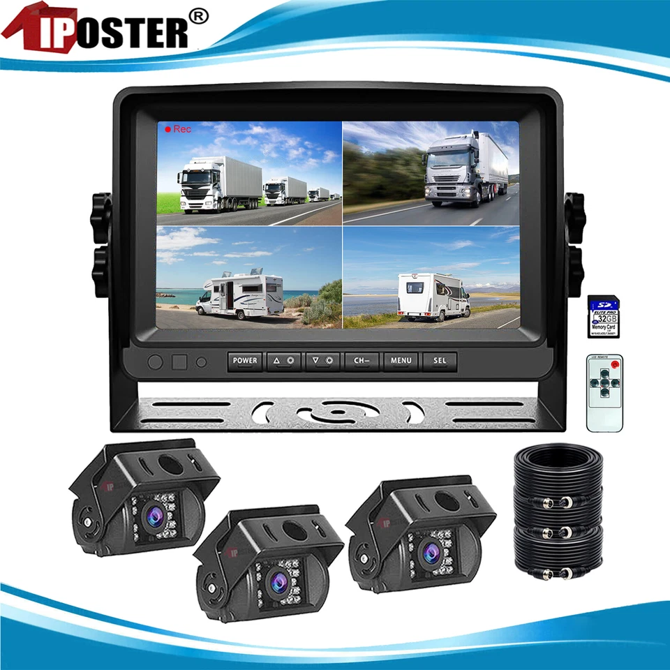 9" Quad Monitor DVR 4 ch 3x Backup Camera Rear view for Truck Caravan RV Trailer - Image 1 of 4