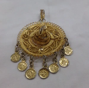 Filigree Mexican Sombrero Hat With Dangle Coins Necklace Pendant Gold Tone Large - Picture 1 of 4