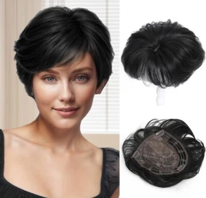 Fine Plus Pixie Cut Short Hair Toppers 6.8" x 7" Fluffy Synthetic Wavy Black - Picture 1 of 4
