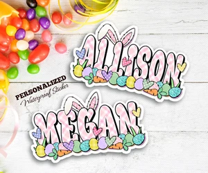 Personalized Easter Sticker Custom Bunny and Carrot Name Decal for Water Bottle - Picture 1 of 6