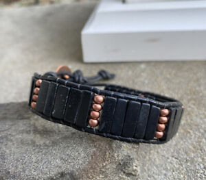 Blackstone Beaded Men’s Bracelet with Copper and Black Leather Cuff style 
