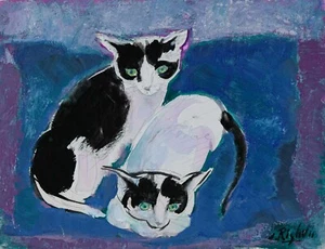 Edouard RIGHETTI - Peinture originale - Gouache huilée - Les Chats - Imagen 1 de 3