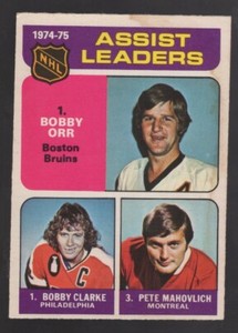 1975-76 Bobby Orr / Bobby Clarke / Pete Mahovlich O-Pee-Chee Assist Leaders