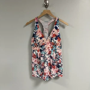 Lands End Damen Schwimmen Tankini Oberteil Größe 10 Mehrfarbig Blumenmuster/Racerback Leicht Pad - Bild 1 von 12
