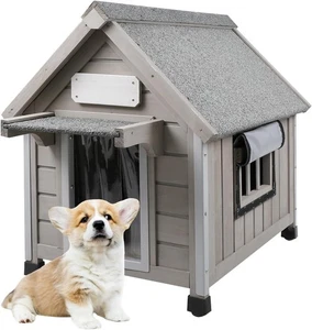 PETSCOSSET 20" L Outdoor Dog House with Window, Asphalt Roof & Raised Feet, Gray - Picture 1 of 7