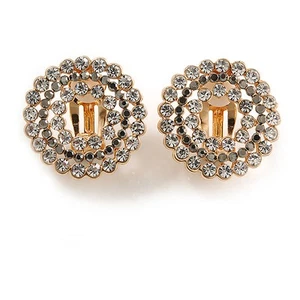 Clear and Hematite Crystal Wreath Clip On Earrings In Gold Tone - 22mm Diameter - Picture 1 of 5