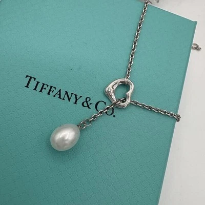 Tiffany & Co Silver Elsa Peretti Open Heart Pearl Chain Lariat 19" Necklace - image 1 of 4