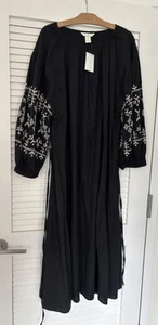 H&M NWT Black Dress with Embroidered Sleeves ~ Black Size XXL Cotton & Linen - Picture 1 of 19