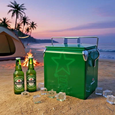 Heineken Metal Cooler Box, Green 14-Quart Classic Ice Bucket for Camping Parties - Image 1 of 4