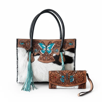 Western Cowhide Tote Bag with Leather Butterfly Accents and Matching Wallet Set - Image 1 of 4