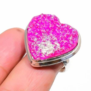 Pink Titanium Druzy Heart Shape Gemstone Adjustable Ring Handmade Unique Jewelry - Picture 1 of 8