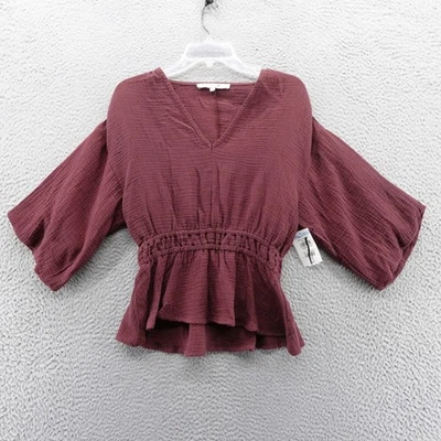 Joes Jeans Womens Burgundy Gauze V Neck Smocked Waist Peplum Top Small NEW - Image 1 of 4