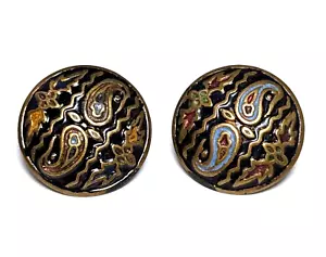 Antik Vintage Messing Emaille Knöpfe Paisley Design 5/8" 2er Set - Bild 1 von 7