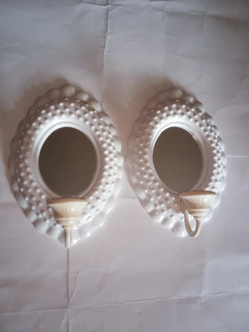 Set of 2 Vintage 1985 Burwood White Plastic Hobnail Wall Mirrored Candle Holders Cover