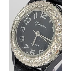 Elegant Geneva Platinum Watch with Crystal Accents and Black Silicone Band - Picture 1 of 8