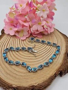 Sterling Silver Tennis Bracelet, Aqua Blue Colour, Hallmarked Sheffield - Picture 1 of 11