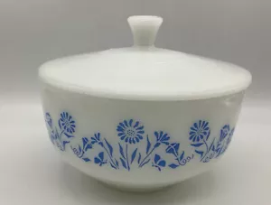 Federal Glass Heat Proof Bowl with lid Blue Daisy 2.5 Quart  Vintage - Picture 1 of 5