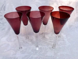 Set of 6 Plum Trumpet Flared Wine Glasses w/ Plum Top & Clear Stem - 9" - Picture 1 of 12