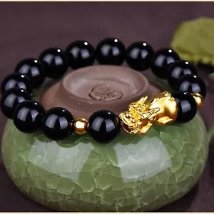 999 Pure 24K Yellow Gold 14*8mm 3D Lucky Pixiu Link Black Agate Chain Bracelet - Picture 1 of 2