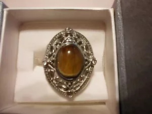 Tigers Eye Solitaire Ring, White Austrian Crystal Accent in Stainless Steel-Sz 7 - Picture 1 of 4