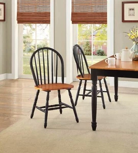 Set 2 Windsor Dining Chairs Oak Black Finish Wood High Back Kitchen Furniture - Picture 1 of 4