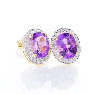 9ct Amethyst Diamond Earrings Gold Studs Natural Purple Oval Gemstones 2.20ct - Picture 1 of 11