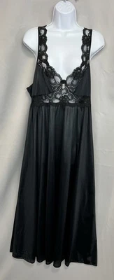 Винтажный ADONNA длинный шелковистый Sweep платье атласной кружева ночная рубашка черный США размер XL Y2K - Изображение 1 из 4