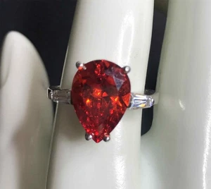 6867 Sterling Silver 925 Large Pear Orange-red CZ Ring 5.3 grams Sz 9 - Picture 1 of 5