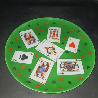 VINTAGE Vidrio Verde 12" Plato de Snack Picas Puente Tarjetas de Poker Queen King As Foto 1 de 4
