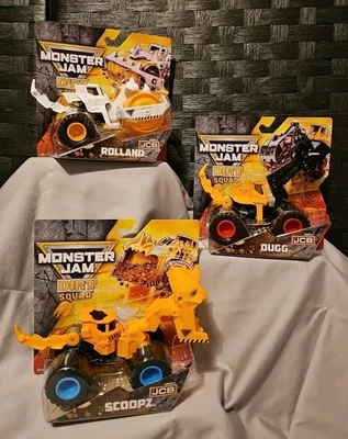 2025 Monster Jam Dirt Squad “Powered By JCB” Scoopz Dugg and Rolland Set Of 3 - Image 1 of 4