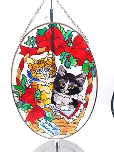 Neu Vintage Joan Baker Buntglas Smoking Tabby Katzen Frohe Weihnachten Sonnenfänger - Bild 1 von 6