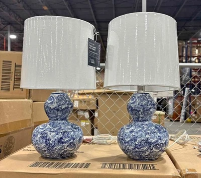 Hampton Bay Blue Floral Ceramic Table Lamps w/ White Shades Set of 2 NEW - Image 1 of 4