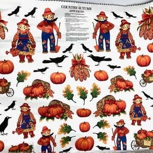 Pumpkins Scarecrows Country Autumn Cotton Applique Fabric Panel no sew or sew - Picture 1 of 7