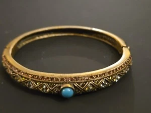 Heidi Daus Gold Toned Multicolored Rhinestone Hinged Bangle Bracelet Faux Turquo - Picture 1 of 5