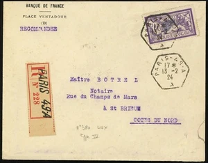 Francia París cubierta comercial registrada a Saint-Brieuc 1924 Europa 60c franqueo - Imagen 1 de 2