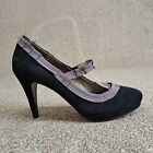 Boden Mary Jane Shoes Black Grey 42 UK 8 Suede Leather 3.75" Stiletto Heel