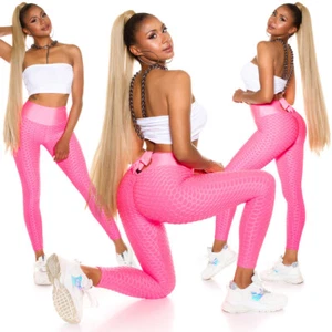 Sexy High Waist Push-Up Leggings mit Schleife neonpink - Bild 1 von 11