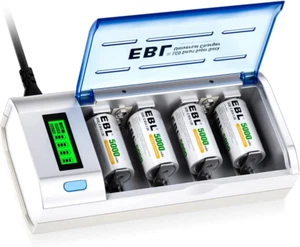 C Cells Rechargeable Batteries 4 Pack with Smart Battery Charger for C D 9V AA A - Picture 1 of 12