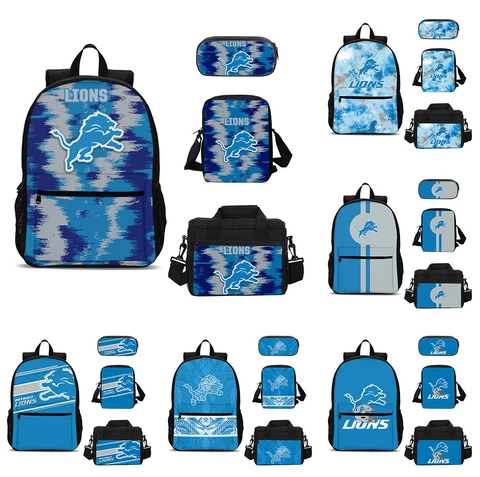 Detroit Lions Student School Backpack 4PCS Shoulder Bag Lunch Bag Pencil Case Cover