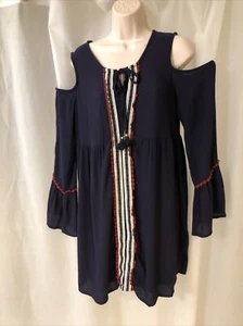 Womens Boho Navy Cold Shoulder Midi Dress Sz M - Picture 1 of 11