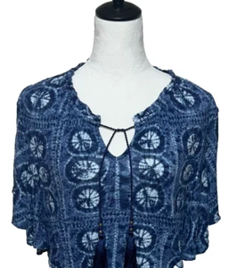 Ralph Lauren Top XL Blue Tasseled Linen Blend Black Label Flutter Sleeve Boho - Picture 1 of 11