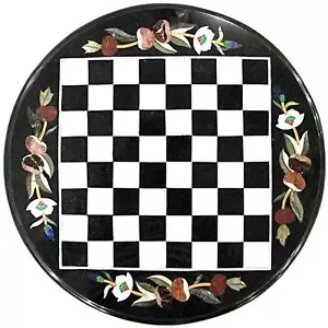 18'' Black Marble Chess Table Top Pietra Dura Inlay Malachite Children Game Kids - Picture 1 of 4