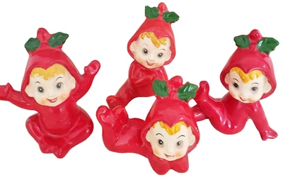 Josef Originals 4 Pixie Elves Trajes Rojos Ojos Negros Pintados a Mano Japón Años 50 MCM Foto 1 de 4