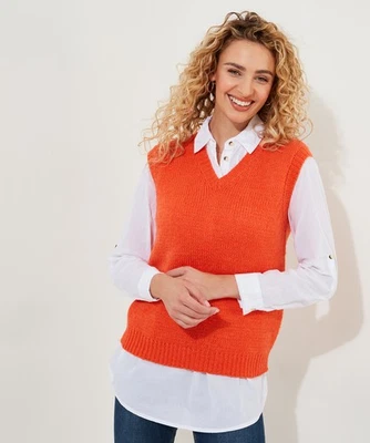 Joe Browns Women's Slouchy Retro Knitted V-Neck Sweater Vest, Orange, 6 - Image 1 of 4