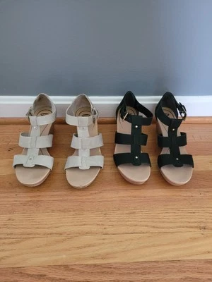 Lote Feminino Dr Scholl's Barton Wedge Tiras no Tornozelo Tamanho 7 1/2 Preto e Cinza - Imagem 1 de 4