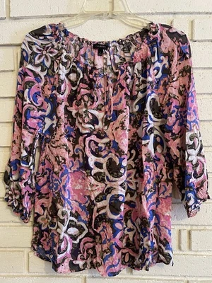 Talbots Size Small Pink & Blue Print Poet Sleeves Keyhole Neck Peasant Blouse - Image 1 of 4