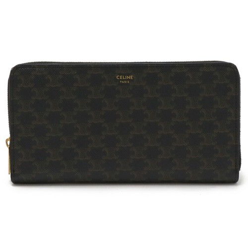 Portafoglio Celine Triomphe grande con zip rivestito in tela nero oro 